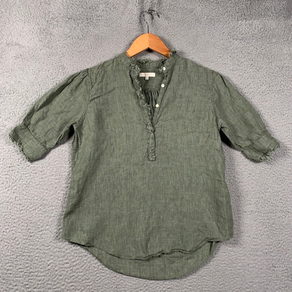 Ann Mashburn Linen Top Blouse Women's Small S Green Frayed Ruffle Half Button